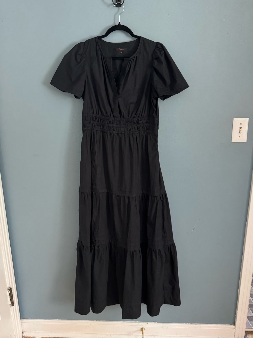 Quince Black Tiered Midi Dress